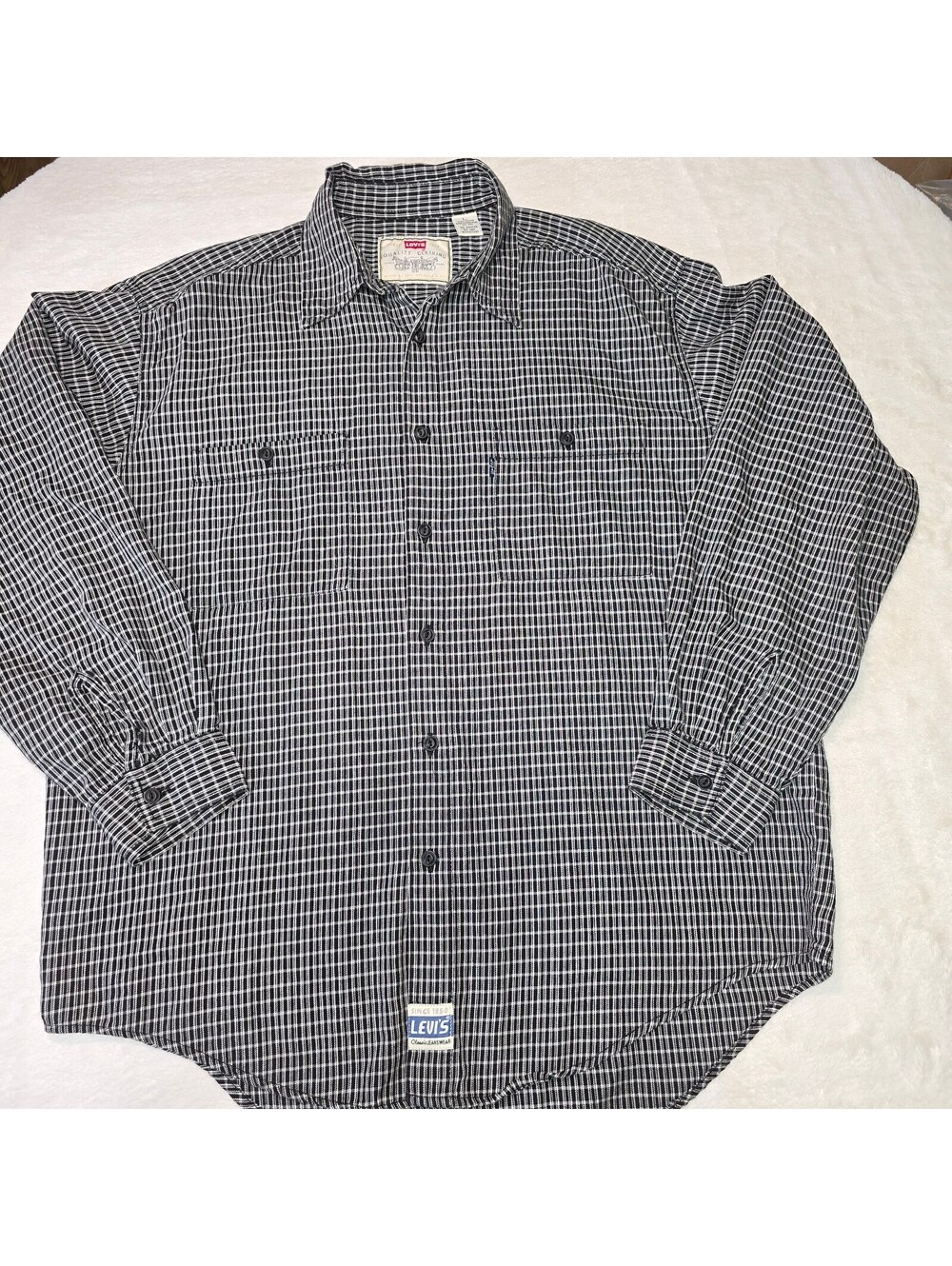 Vtg 90s Y2K Levis Classic Jeanswear Plaid Work Shirt Black White Check Large